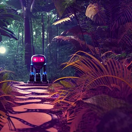 Prompt: robot snake in the middle of the jungle spying enemy country, red glowing eyes, dense jungle, middle of night, hd, uhd, 8 k, octane render