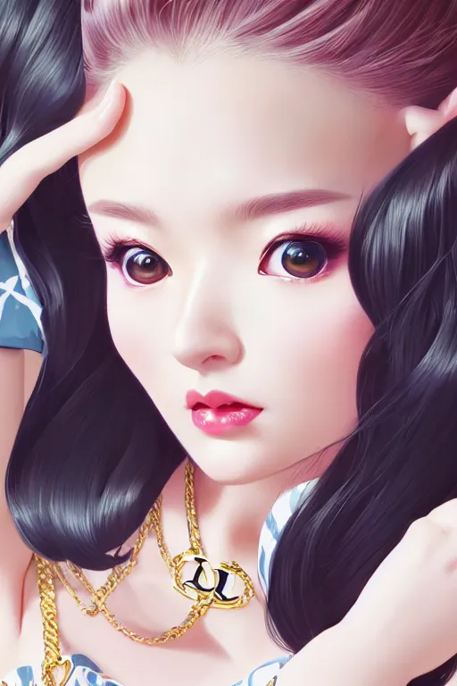 Image similar to a pin up and beautiful fashion dreamlke japan girl with lv jewelry, character art, art by artgerm and wlop and and ilya kuvshinov, hyperdetailed, 8 k realistic, symmetrical, frostbite 3 engine, cryengine, dof, trending on artstation, digital art, chanel, dior, fantasy background