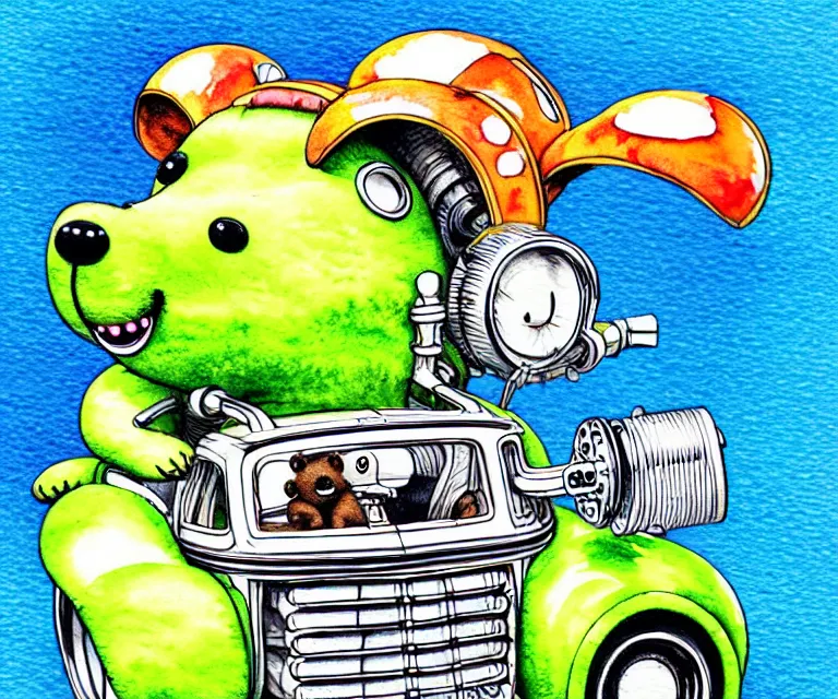 Image similar to cute and funny, bear wearing a helmet riding in a tiny hot rod with oversized engine, ratfink style by ed roth, centered award winning watercolor pen illustration, isometric illustration by chihiro iwasaki, edited by range murata