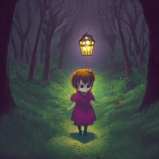 Image similar to in a dark forest, a small girl with a lantern finds a path leading to a strange castle.