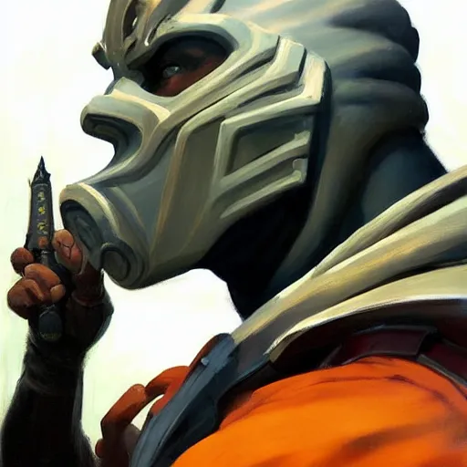 Image similar to greg manchess portrait painting of smoke from mortal kombat as overwatch character, medium shot, asymmetrical, profile picture, organic painting, sunny day, matte painting, bold shapes, hard edges, street art, trending on artstation, by huang guangjian and gil elvgren and sachin teng