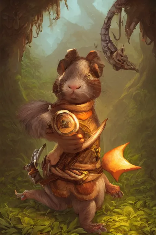 Image similar to cute little anthropomorphic Guinea Pig Indian Jungle native, tiny, small, short, wielding spear, cute and adorable, pretty, beautiful, DnD character art portrait, matte fantasy painting, DeviantArt Artstation, by Jason Felix by Steve Argyle by Tyler Jacobson by Peter Mohrbacher, cinematic lighting