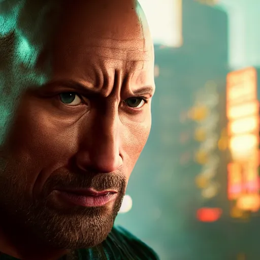 Image similar to dwayne johnson portrait, cyberpunk 2 0 7 7, cyberpunk v, johnny silverhand, photorealistic, ultra detailed, neon, octane, bokeh, cinematic lighting, cyber, cyberpunk city, studio quality, feature, scars, cyberface, 8 k