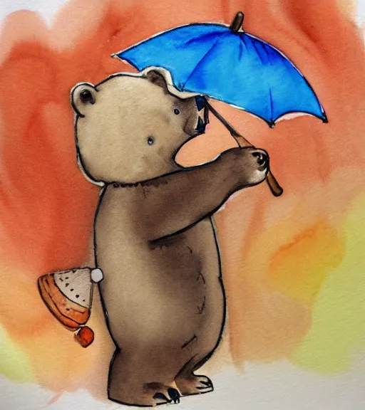 Image similar to autumn a bear with an umbrella cartoon watercolor trending on artstation