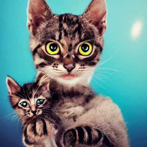 Image similar to kitten with gold eye and cyborg arm