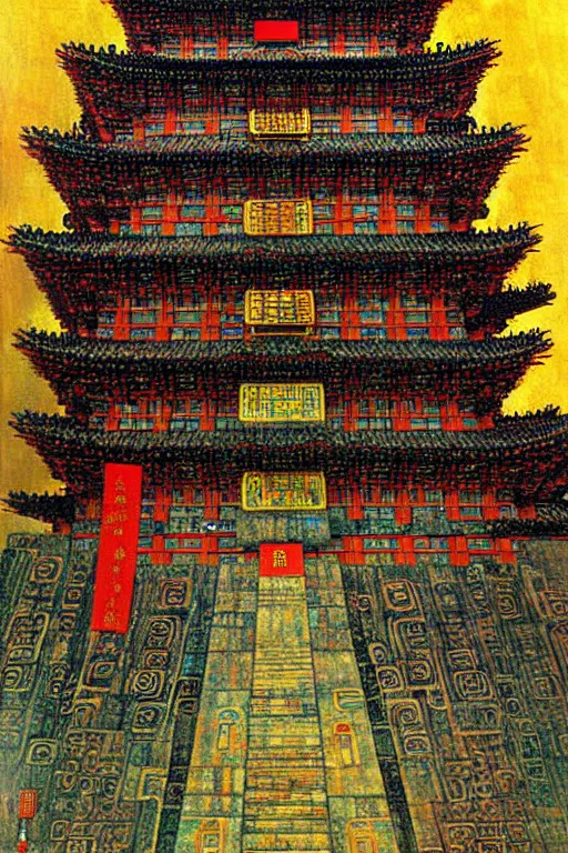 Prompt: cyberpunk chinese ancient castle, fantasy, painting by Gustav Klimt