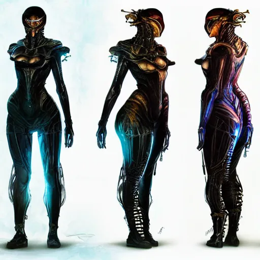 Prompt: a full body beautiful woman wearing a cyberpunk outfit by karol bak, ayami kojima, artgerm, sakimichan, hr giger, blue eyes, weapons, electronics, high tech, concept art, fantasy