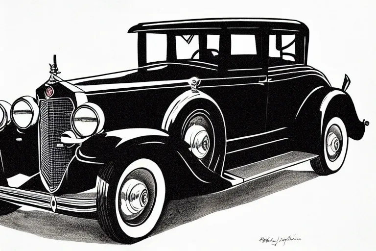 Prompt: ink drawing of a 1 9 3 0 cadillac