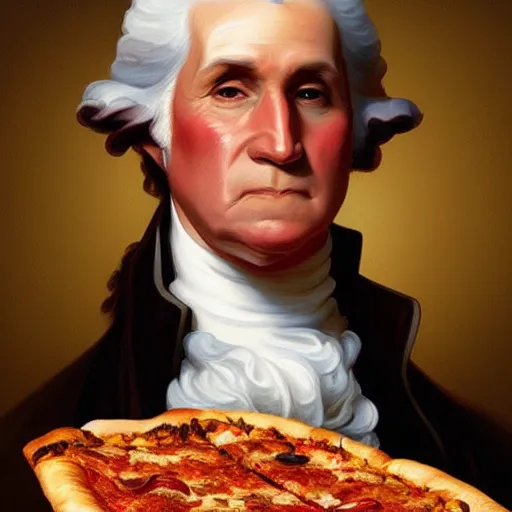 Image similar to portrait of George Washington opening his mouth to eat pizza, highly detailed, digital painting, artstation, concept art, sharp focus, illustration, art by artgerm and greg rutkowski and alphonse mucha