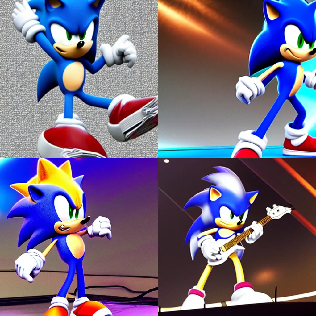 Prompt: Sonic the hedgehog, on a stage, holding a white electric guitar