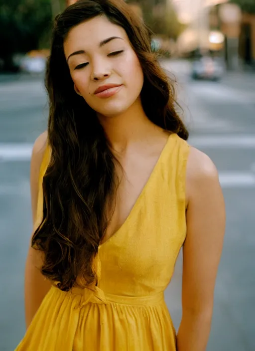 Image similar to portrait photo of a beautiful brown hair woman in a yellow sun dress in downtown Los Angeles, Kodak Portra 400 film