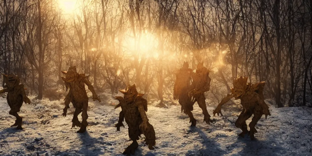 Image similar to photo of real life goblins, creepy!!!, scaly!!!, gritty!!!, menacing!!!, evil, ultra realistic, gritty, winter, golden hour, volumetric lighting, sharp focus