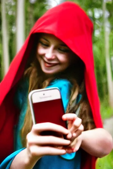 Image similar to “ very photorealistic photo of the real little red riding hood and the wolf taking a selfie, award - winning details ”