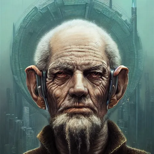 Prompt: a detailed portrait of cyberpunk old man by Tomasz Alen Kopera and Peter Mohrbacher