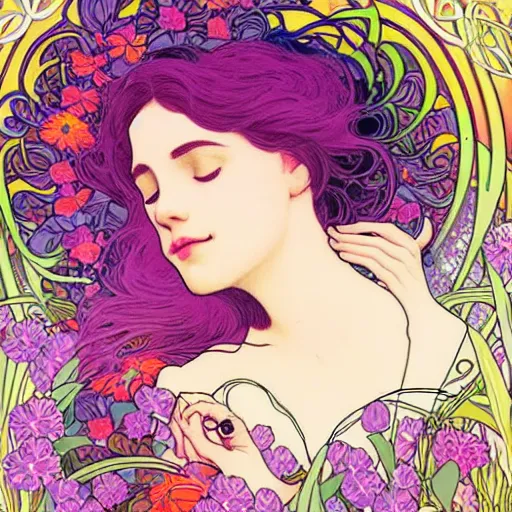Prompt: a woman sleeping in the middle of flowers, confident pose, intricate, elegant, illustration, sensual, highly detailed, concept art, impressionist, art nouveau, trending on artstation, lisa frank, alfons mucha
