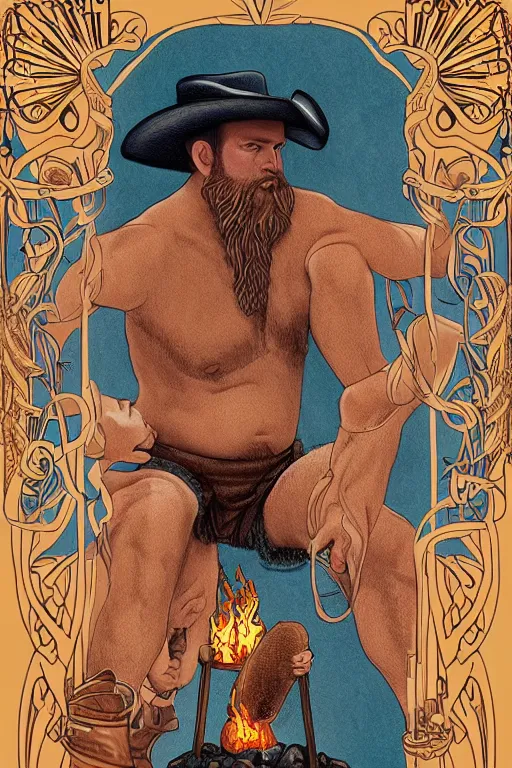 Prompt: a beautiful symmetrical tarot! card of a handsome hairy shirtless cowboy wearing cowboy hat and boots with a chunky build and belly next to a campfire | golden hour, dark background | homoerotic | art deco!, art nouveau! | by Mark Maggiori | trending on artstation