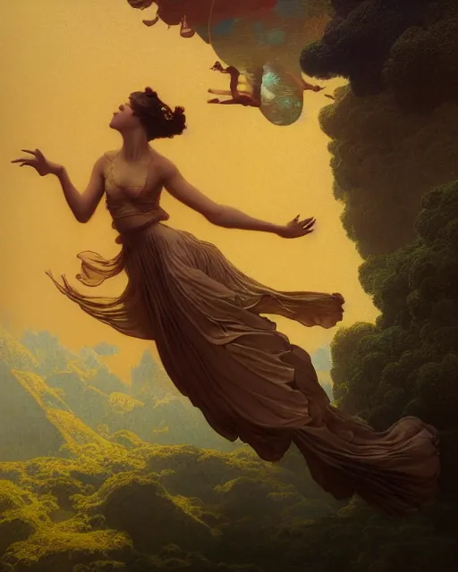 Image similar to beautiful woman floating in the most wonderful dream she ever had, coherent design, symmetrical, concept art, vivid color, complementary color, golden ratio, detailed, sharp lines, intricate, rainbowshift, by maxfield parrish, by peter mohrbacher, by gustave dore, by arthur rackham, deviantart, octane render