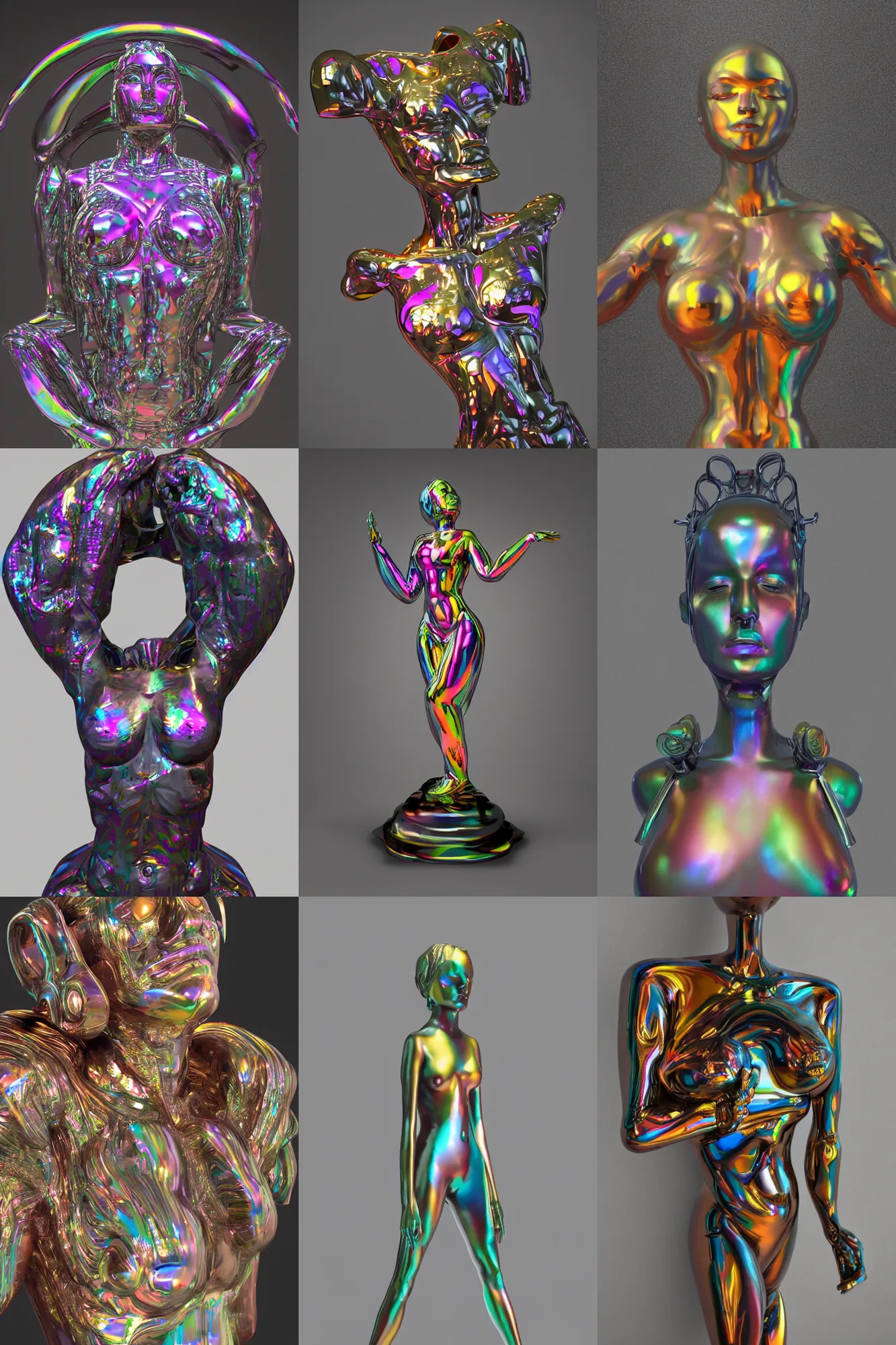 Prompt: metal sculpture, female figure with chest opening up towards the viewer, head splitting open down the center, symmetrical and iridescent glass, rainbow reflections, style of ivan black, jack storms yunchul kim anthony howe, octane render, 4 k