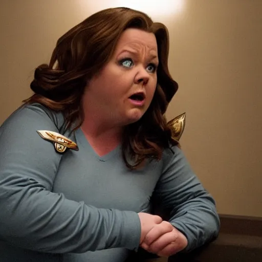 Image similar to movie shot from a sci - fi comedy with ricky gervais played by melissa mccarthy