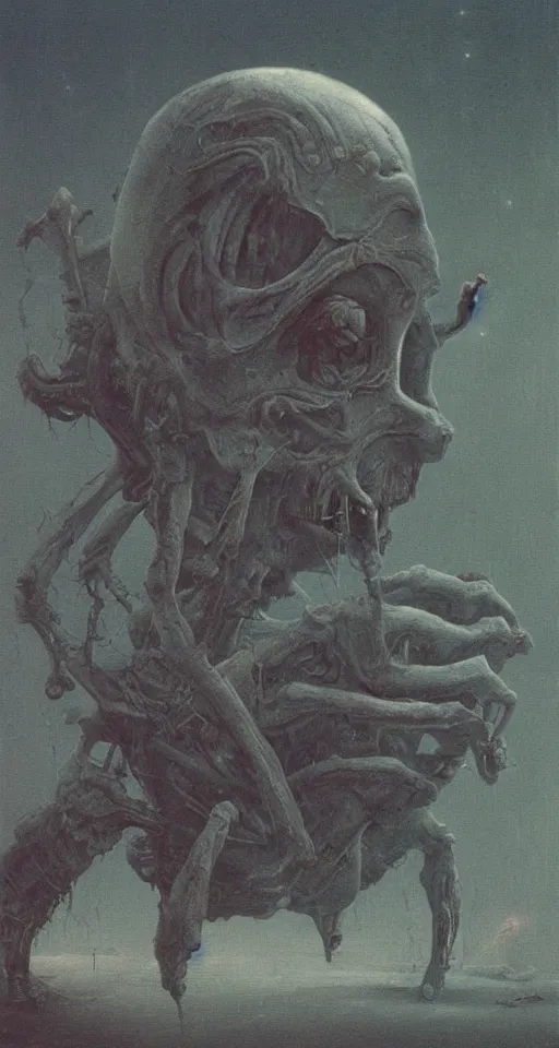 Image similar to Painting in a style of Beksinski featuring a giant alien crying. Pain and suffering in the background
