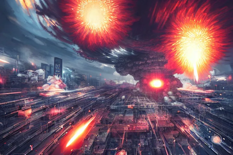 Prompt: hyper detailed mushroom! clouds! explosions formed by h - bombs! detonations in the middle of tokyo, raising between the buildings, highly detailed, chaos everywhere, police lights, concept art, smooth, sharp focus, modern war photography, awarded photography, futuristic style, popular on artstation, unreal engine, drone shot, nvidia graphics,.