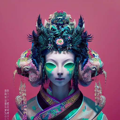 Image similar to 3 d goddess close - up profile portrait russian with ram skull. beautiful intricately detailed japanese crow kitsune mask and clasical japanese kimono. betta fish, jellyfish phoenix, bio luminescent, plasma, ice, water, wind, creature, artwork by tooth wu and wlop and beeple and greg rutkowski