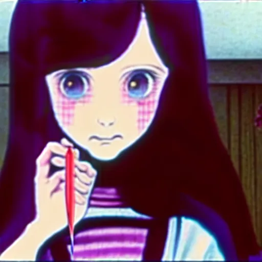Prompt: 1971 still from a film of a portrait of a morbid 18 year old young woman wearing a dress of the soft aesthetic with wavy long hair, queen of sharp razorblades holds a single small sharp blade or a razor her hand and shows it to the user, by Range Murata, Katsuhiro Otomo, Yoshitaka Amano.