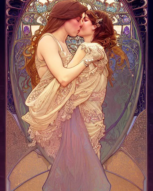 Image similar to the kiss | highly detailed | very intricate | art nouveau | gold filigree | romantic storybook fantasy | soft cinematic lighting | award - winning | disney watercolor illustration by mandy jurgens and alphonse mucha and alena aenami | pastel color palette | featured on artstation