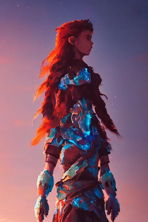 Image similar to combination suit armor aloy horizon forbidden west horizon zero dawn radiating a glowing aura global illumination ray tracing hdr fanart arstation by ian pesty and alena aenami artworks in 4 k tribal robot ninja mask helmet backpack