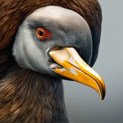 Image similar to realistic portrait of an dodo with an axe in the beak, fantasy book, high detail, 8 k, octane render painting, dark fantasy