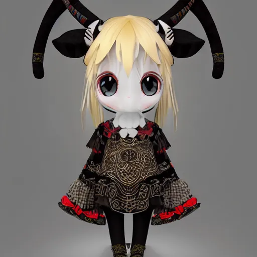 Prompt: cute fumo plush of a goat girl with horns, anime girl, tribal outfit with intricate celtic knot patterns, gothic maiden shaman, pagan goddess, black and white, stark shadows, artstation, vray