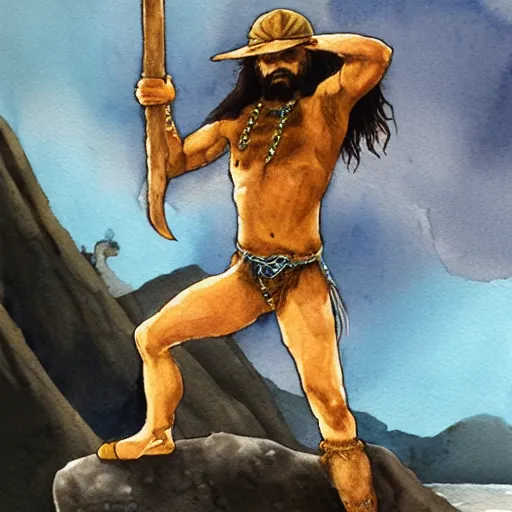 Image similar to randy savage with an anchor slung over his shoulder and foot heroically on a boulder posing in desolate wasteland | fantasy watercolour painting | middle earth | conan | darksun | d & d dungeons and dragons | barbarian