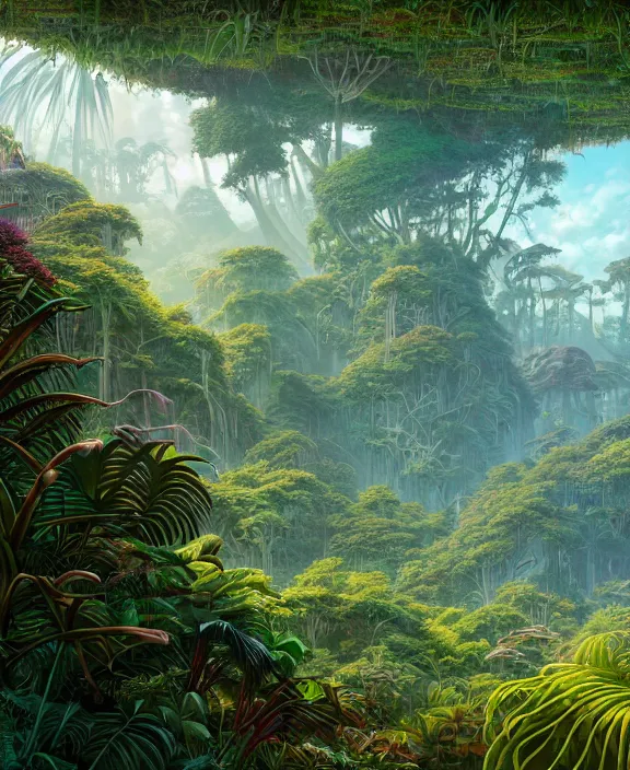 Prompt: an enormous conservatory, overgrown with huge weird ferns and exotic fungus, on an ocean cliff side, noon, sun drenched, partly cloudy, by dan mumford, yusuke murata, makoto shinkai, ross tran, cinematic, unreal engine, cel shaded, featured on artstation, pixiv