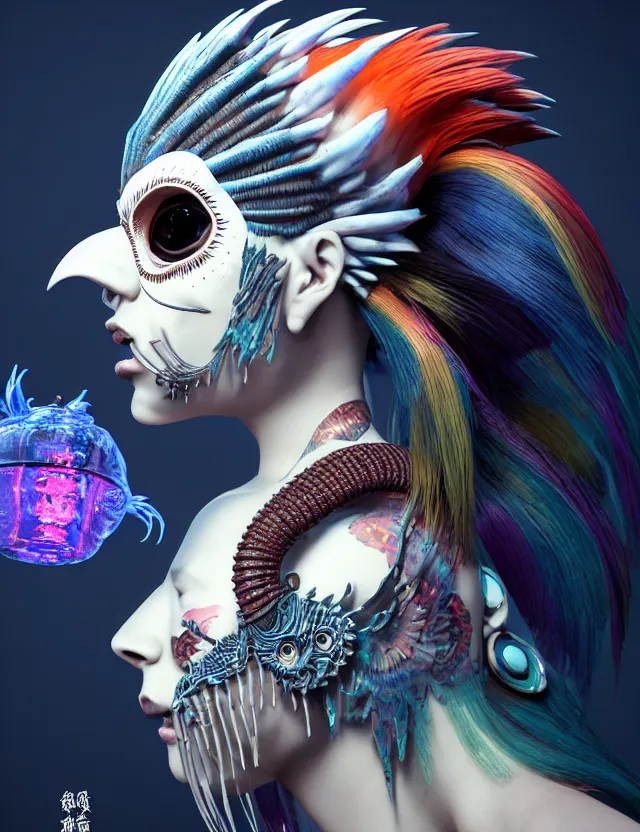 Image similar to 3 d goddess close - up profile portrait punk with mohawk with ram skull. beautiful intricately detailed japanese crow kitsune mask and clasical japanese kimono. betta fish, jellyfish phoenix, bio luminescent, plasma, ice, water, wind, creature, artwork by tooth wu and wlop and beeple and greg rutkowski