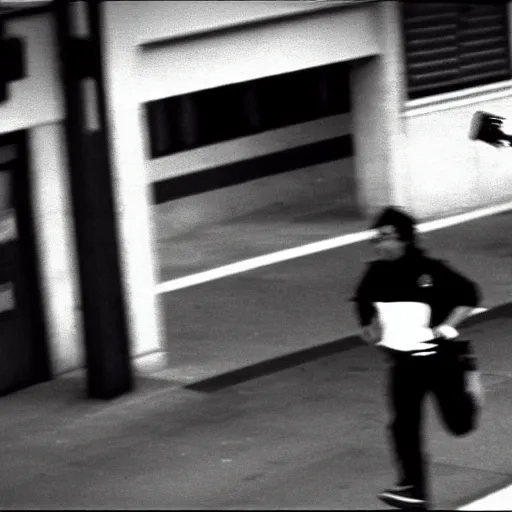 Image similar to mario running from the cops, cctv camera footage, camera footage, blurry camera footage, black and white