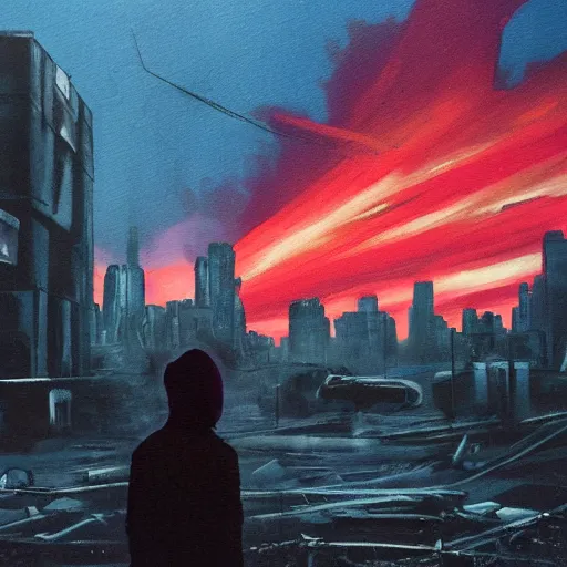 Prompt: a person watching the end of the world with a red sky, dystopian city, debris, dramatic painting