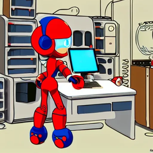 Image similar to pixar - style rendering of : roll is repairing computers in dr. light's laboratory. roll is a cute female ball - jointed robot ( in the style of mega man ) who has blonde hair with bangs and a ponytail tied with a green ribbon. she is wearing a red one - piece dress with a white collar, and red boots.