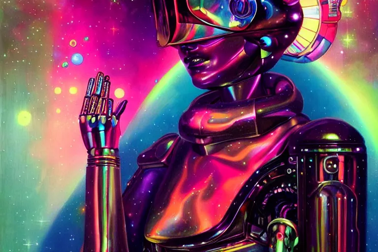 Prompt: patron saint of 👽 🌈👩🏾, futuristic clothing, woman and robot, disco party, neon god of city character portrait, in the style of moebius, tom bagshaw, and waterhouse, cinematic lighting, beautiful, elegant, oil painting,