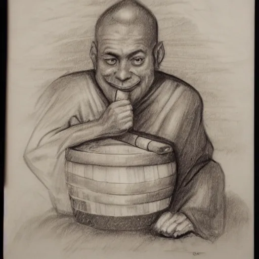 Image similar to pencil sketch of a pleased monk sipping mead next to a barrel