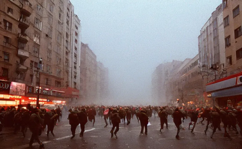 Prompt: 1990s movie still of a yougoslavian street with a large crowd fighting soviet soldiers, with stalinist style highrise, Cinestill 800t 18mm, heavy grainy picture, very detailed, high quality, 4k panoramic, HD criterion, dramatic lightning, streetlight at night, foggy