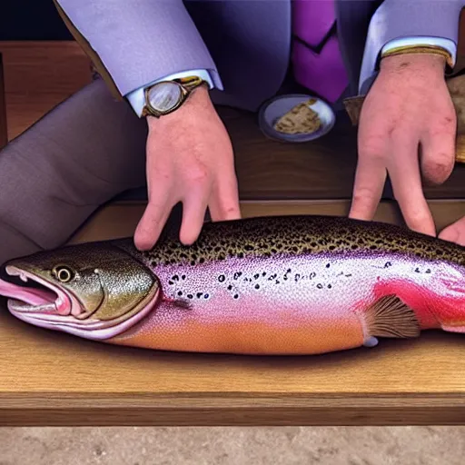 Prompt: a middle aged funny lawyer, eating a trout, hyperrealistic, 4k, unreal engine