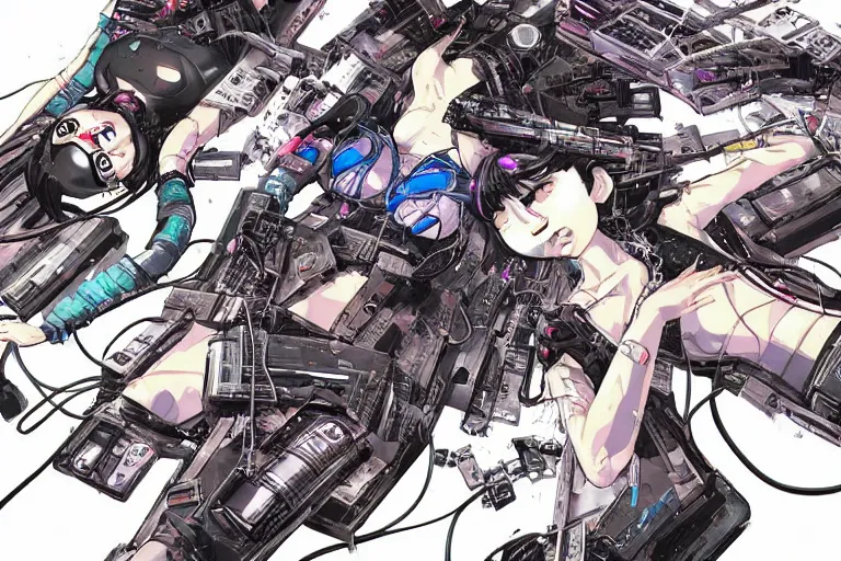 Image similar to a cyberpunk illustration of a group of coherent female androids in style of masamune shirow, lying on an empty, white floor with their bodies broken scattered rotated in different poses and cables and wires coming out, by yukito kishiro and katsuhiro otomo, hyper-detailed, intricate