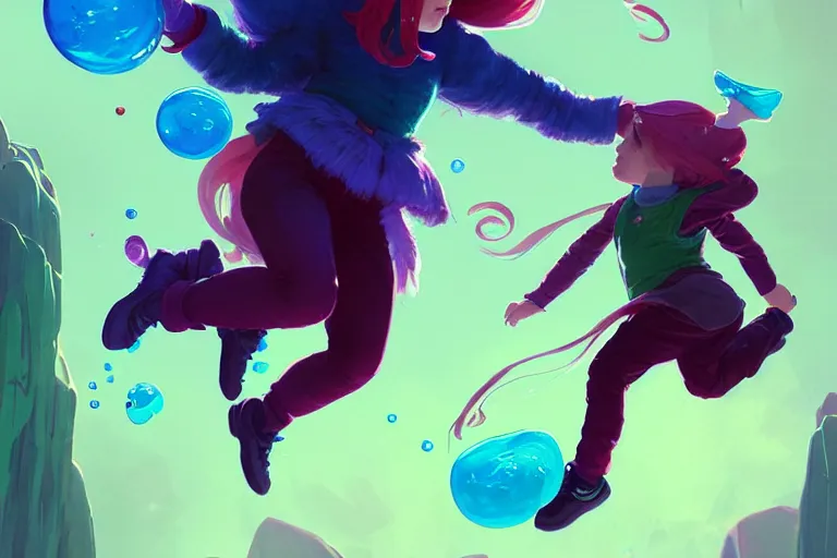 Image similar to madeline from celeste jumping to a green jelly bubble, blue bubble jacket red long hair, highly detailed, digital painting, artstation, concept art, sharp focus, illustration, art by greg rutkowski and alphonse mucha