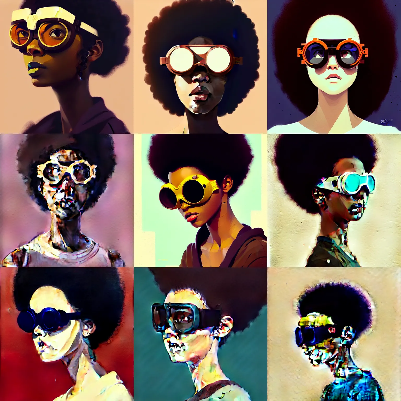 Image similar to Beautiful woman wearing goggles profile picture by Greg Rutkowski, brown skin, afro hair, asymmetrical, studio ghibli, Organic Painting , Matte Painting, geometric shapes, hard edges, street art, trending on the artstation, realistic by Sachin Teng,