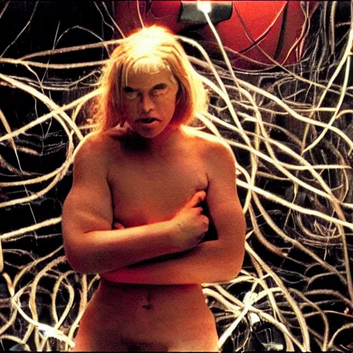 Image similar to scene from existenz, cinematic, a large box made out of human flesh, doom monster, electronic circuitry, skin, flesh!, blood, clumps of hair, lights, led, computer