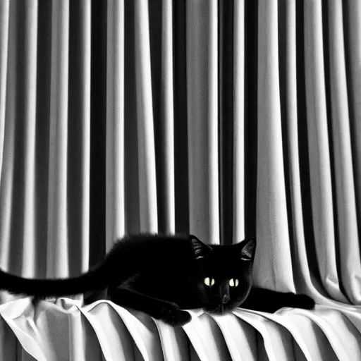 Prompt: a black cat lying behind the curtain, photo