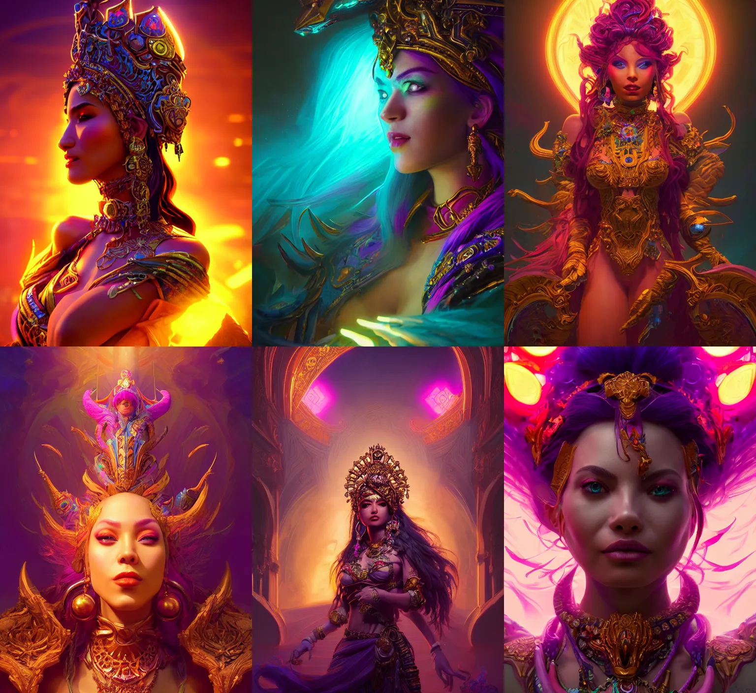 Prompt: portrait of an ornate goddess, colorful, cinematic lighting, volumetric lighting, concept art, smooth, sharp focus, highly detailed, unreal engine 5, octane render, artstation, deviantart, behance, trending, by feng zhu, shaddy safadi, noah bradley, tyler edlin, jordan grimmer, darek zabrocki, neil blevins