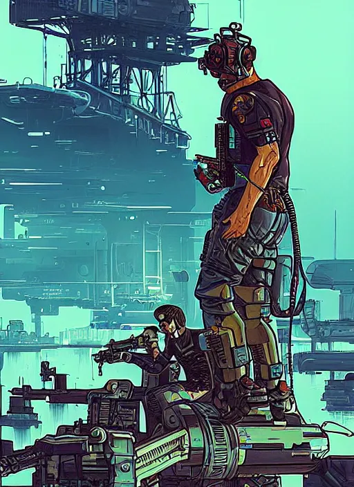 Prompt: cyberpunk cartel kill team on skiff. oil rig in the background. portrait illustration, pop art, art by ashley wood, alphonse mucha, laurie greasley and josan gonzalez. cinematic. dynamic lighting. realistic proportions. creative design. cell shading