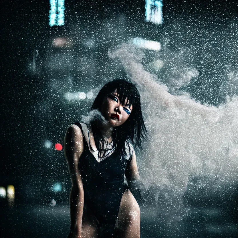 Prompt: a photo close up cyberpunk woman dance in heavy rain and smoke, cyberpunk gunma prefecture, midnight, photorealistic, cinematic lighting, highly detailed, bokeh, style by tomino - sama