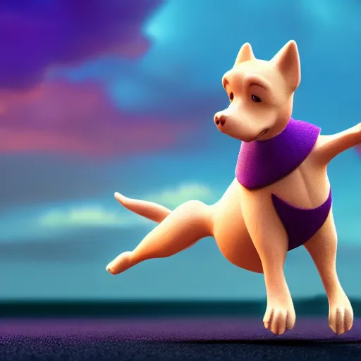 Image similar to a beautiful 3d render of a purple dog dancing, in the style of disney, dramatic clouds in background, the dog is doing a ballet dance, highly detailed, 8k resolution